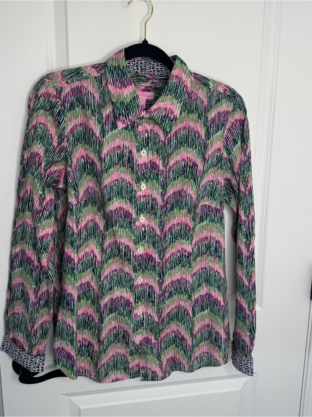 Lilly Pulitzer Pink and Green Wave-Print Button-Down Shirt
